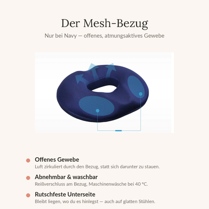 Der Mesh-Bezug bei Navy: offenes Gewebe, abnehmbar und waschbar, rutschfeste Unterseite