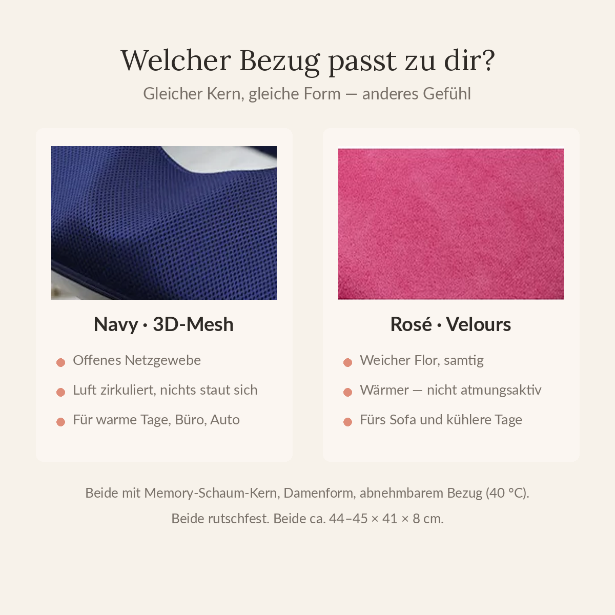 Welcher Bezug passt zu dir? Navy mit 3D-Mesh oder Rosé mit Velours